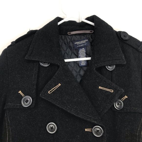 American Eagle Black Wool Blend Double Breasted Button Short Cut Pea Coat - Picture 5 of 16